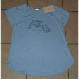 NEW NWT Embellished Dolphins Sz Medium Petite Blue Soft Stretchy Tee Shirt SJS